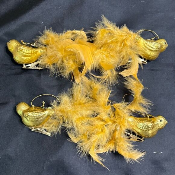 Set of Four Gold Bird Glittery Clip on Glass Ornaments with Feathers - Picture 3 of 8